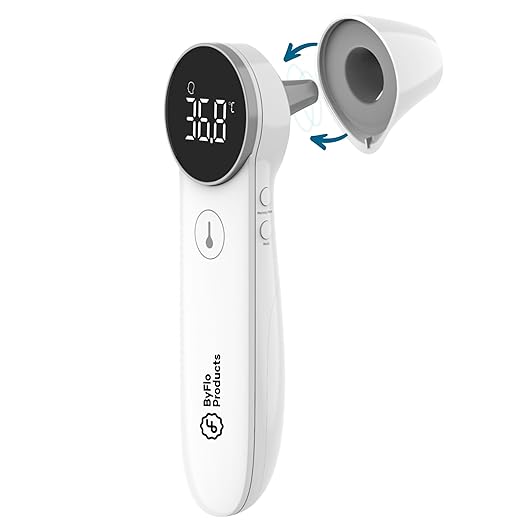 ByFloProducts, Ear and Forehead Thermometer, Thermometer Adult and Baby, Forehead Digital Thermometer, Infrared Touchless Thermometer, Temperature Memory and Fever Alarm, Easy to Use, Proudly Canadian