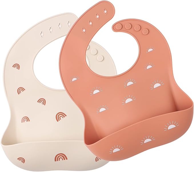ROCCED Baby Silicone Bibs 2 Sets Baby Bibs with Food Catcher for Girls Boys Toddlers BPA Free Waterproof Soft