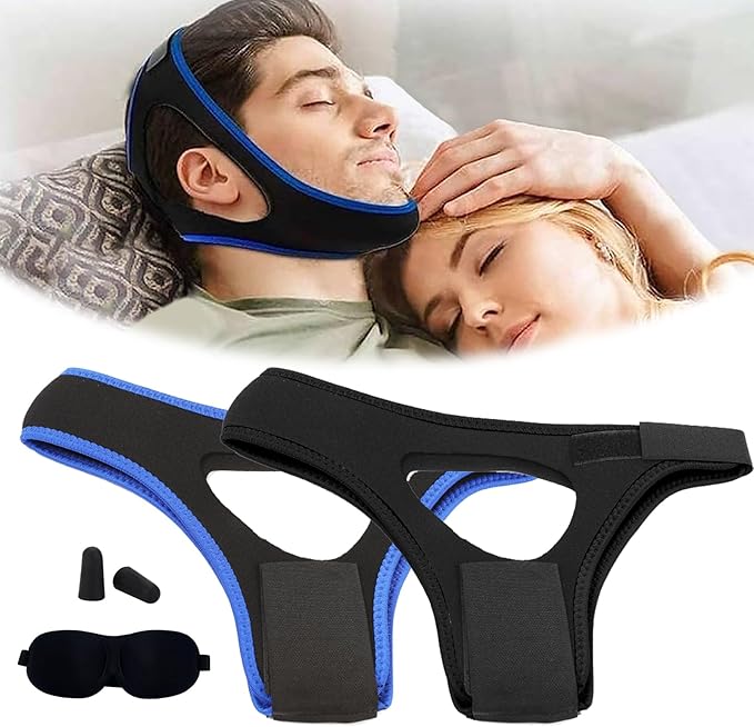 2Pcs Anti Snoring Chin Straps for Sleeping with 1pc Earplugs and 1pc Eye Mask, Adjustable Airflow Jaw Strap for Sleep Apnea, Breathable Stop AntiSnoring Belt Aids for Men Women Kids
