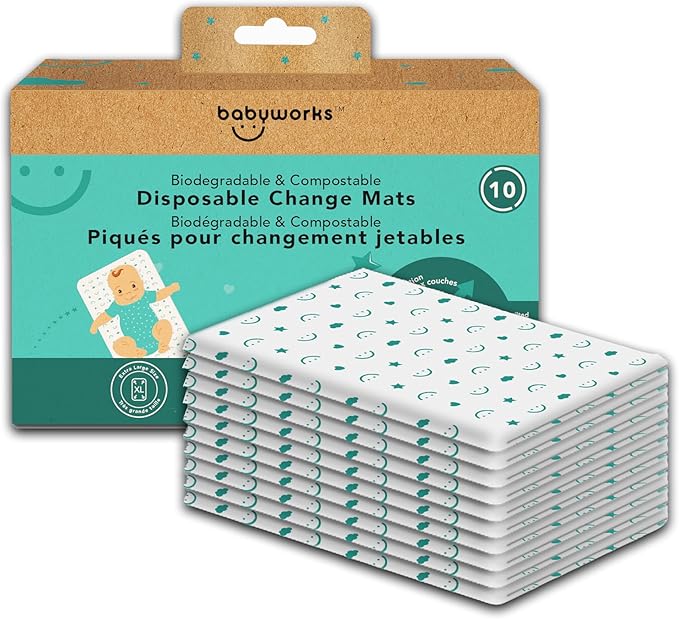 Baby Works - Disposable, Biodegradable, & Compostable Change Mats. Waterproof & Leak-Proof Changing Pad, Super Soft, for Babies & Toddlers - 68x45 cm, 10 Count