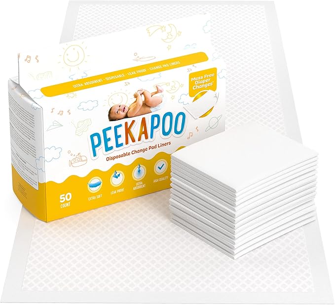 Peekapoo Disposable Changing Pad Liners (50 Pack) Super Soft, Ultra Absorbent & Waterproof - Covers any Surface for Mess Free Baby Diaper Changes