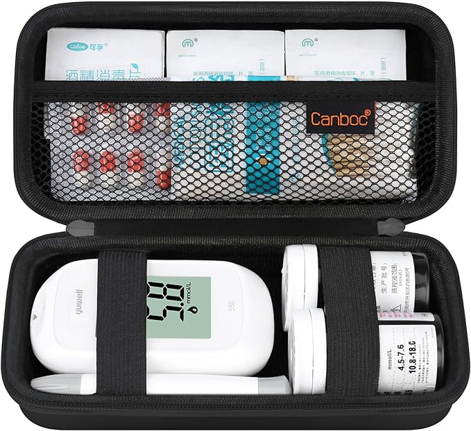 Canboc Diabetic Supplies Case, Carrying Organizer for Glucose Meter, Lancing Device, Blood Sugar Test Strips, Lancets, Insulin Pens, Alcohol Wipe and Other Diabetes Care Accessories, Black