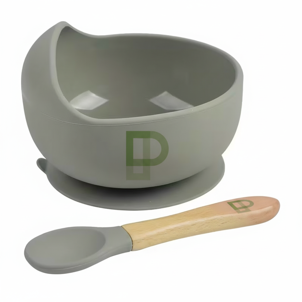 1 set of baby feeding bowl and spoon set, silicone baby bowl suction with wooden spoon silicone suction base anti-slip
