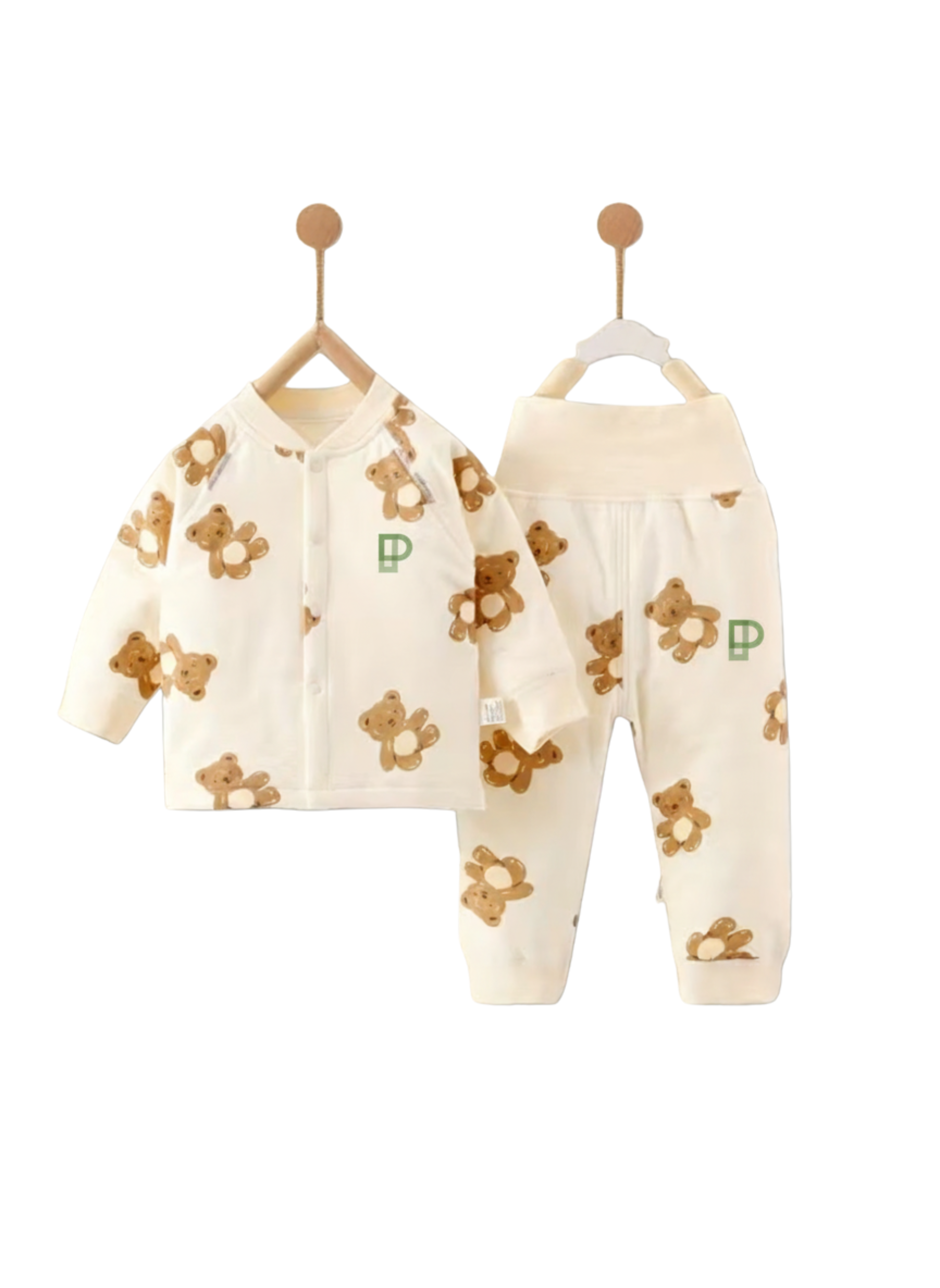 Pure Cotton Fabric Stand Collar Two-Piece Plush Bear Print Newborn Baby Set for Boys and Girls